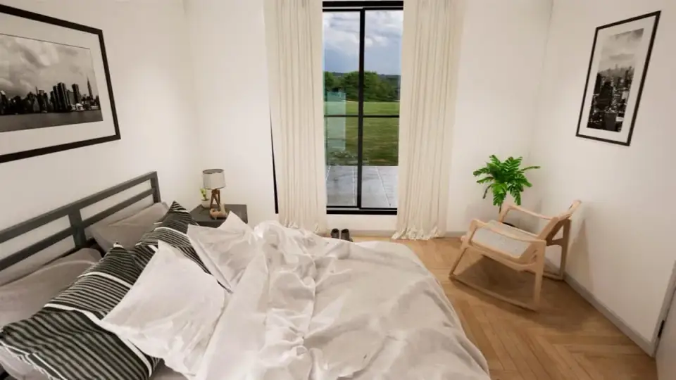 Plan 51942HZ secondary bedroom with West Elm Mid-Century queen bed BM Palladian Blue HC-144 accent wall neutral linen curtains and shared Jack-and-Jill bathroom access