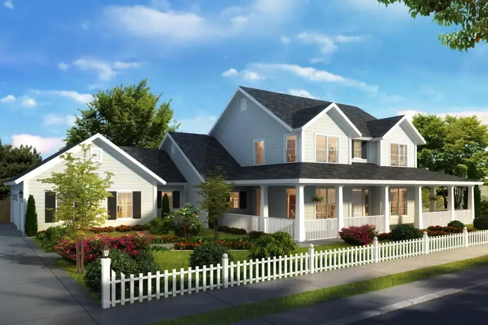Farmhouse plan 52269WM angled elevation showing wraparound porch depth and gable roof articulation