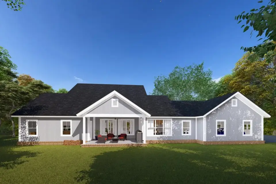 Expanded farmhouse rear elevation with screened porch, vaulted great room gable, and primary suite windows