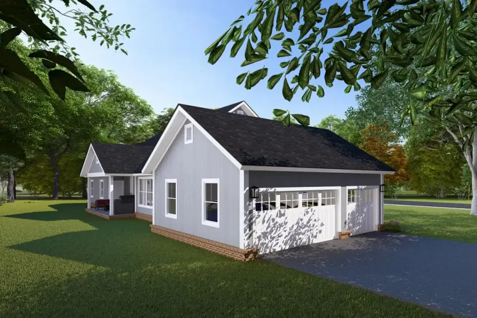 Farmhouse exterior at dusk with lit interior through rear porch and living room glass