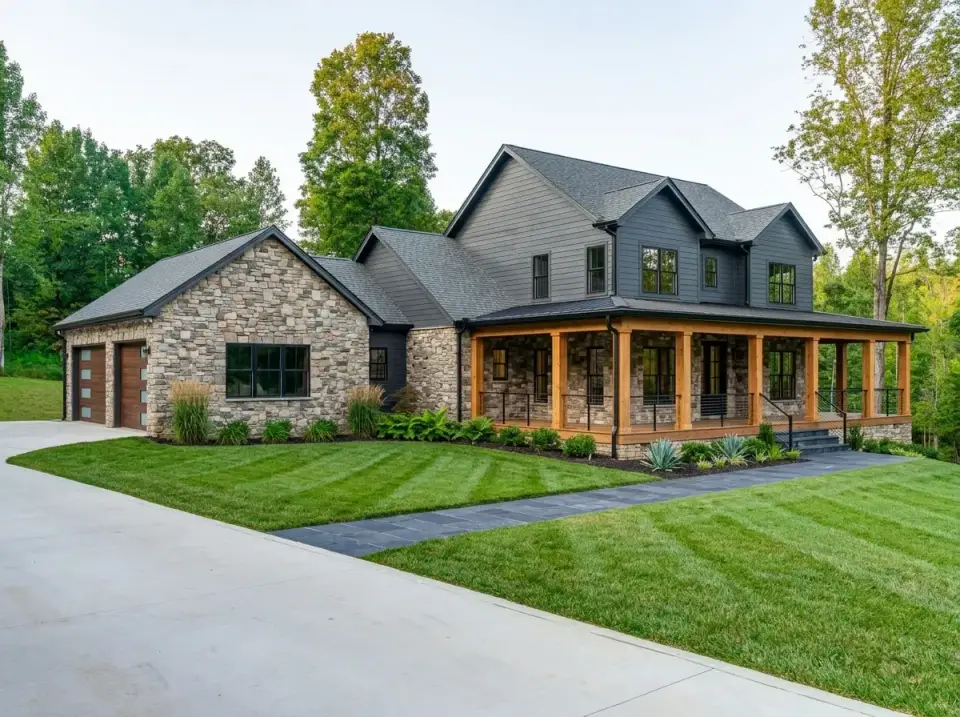 Rustic craftsman farmhouse facade with grey horizontal siding, stone veneer foundation, heavy timber columns, and mature landscape