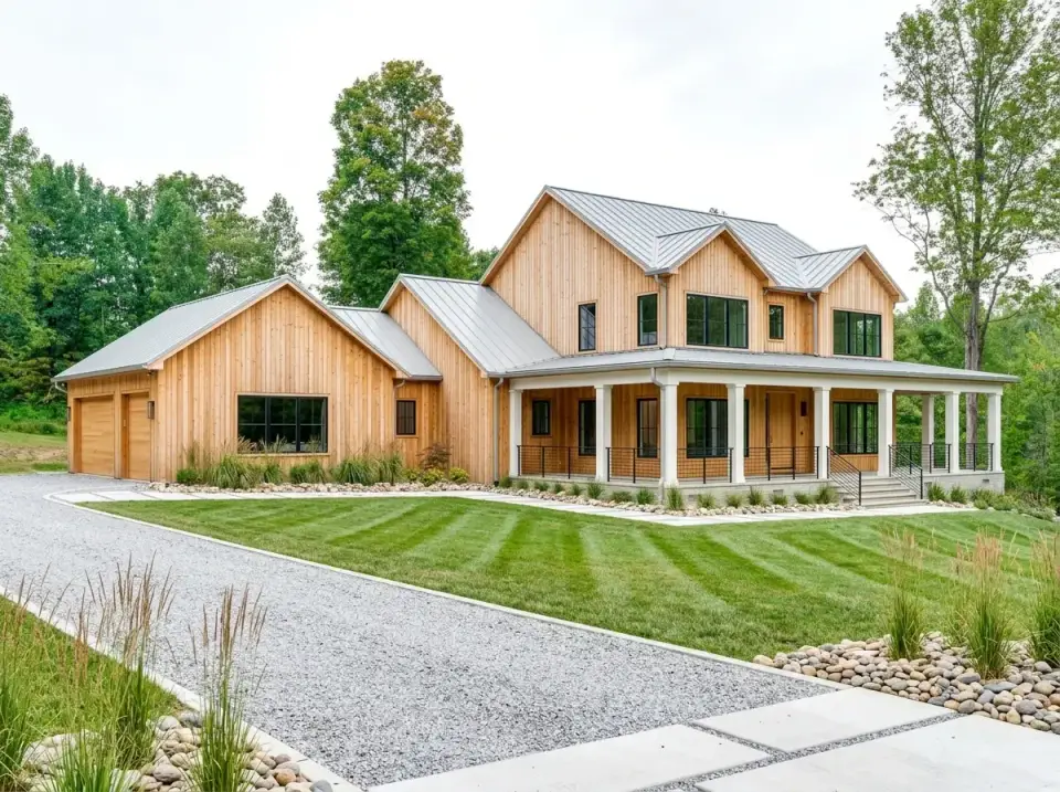 Organic wood farmhouse facade with vertical natural wood siding, light grey metal roof, and crisp white columns