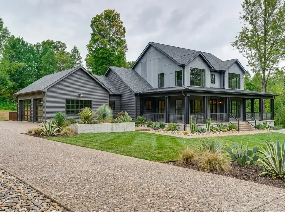 Industrial modern farmhouse facade with dark corrugated metal siding, matching dark trim, and xeriscape landscape