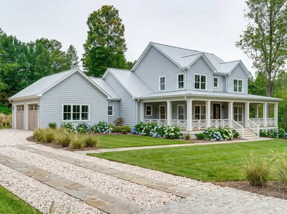 Coastal cottage farmhouse facade with light blue shingle siding, white trim, metal roof, and hydrangea landscape