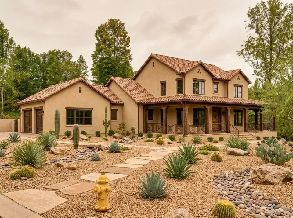 Southwest Mediterranean farmhouse facade with smooth tan stucco walls, terracotta tile roof, and desert landscape
