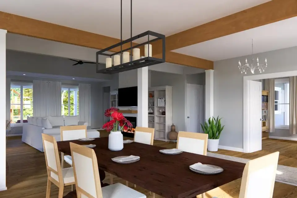 Vaulted great room interior with stone fireplace, exposed wood beams, and white oak floors