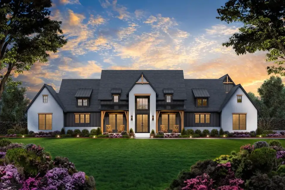 Plan 56547SM exterior front elevation modern farmhouse stone veneer timber entry