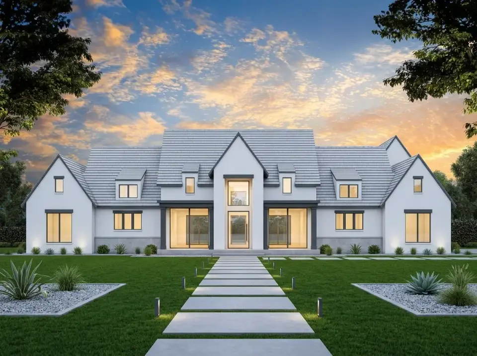 Plan 56547SM facade 2 modern minimalist white stucco dark frames architectural agave