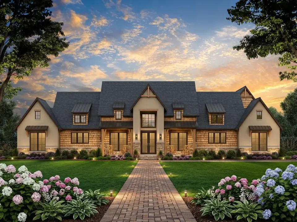 Plan 56547SM facade 3 warm traditional craftsman cedar shake stone veneer hydrangea