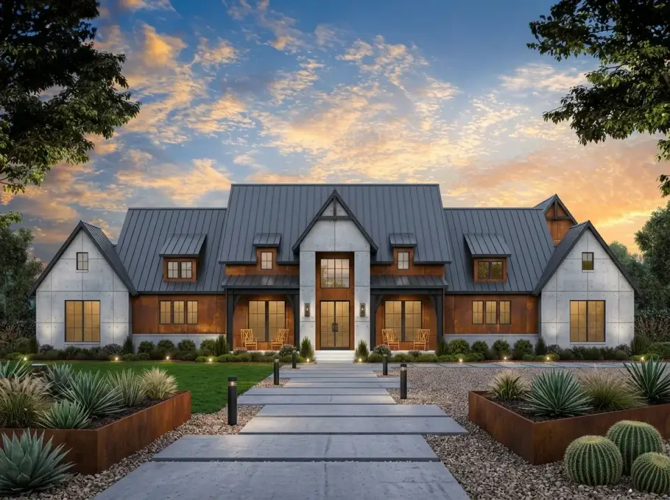 Plan 56547SM facade 4 industrial modern concrete corten steel standing seam xeriscape
