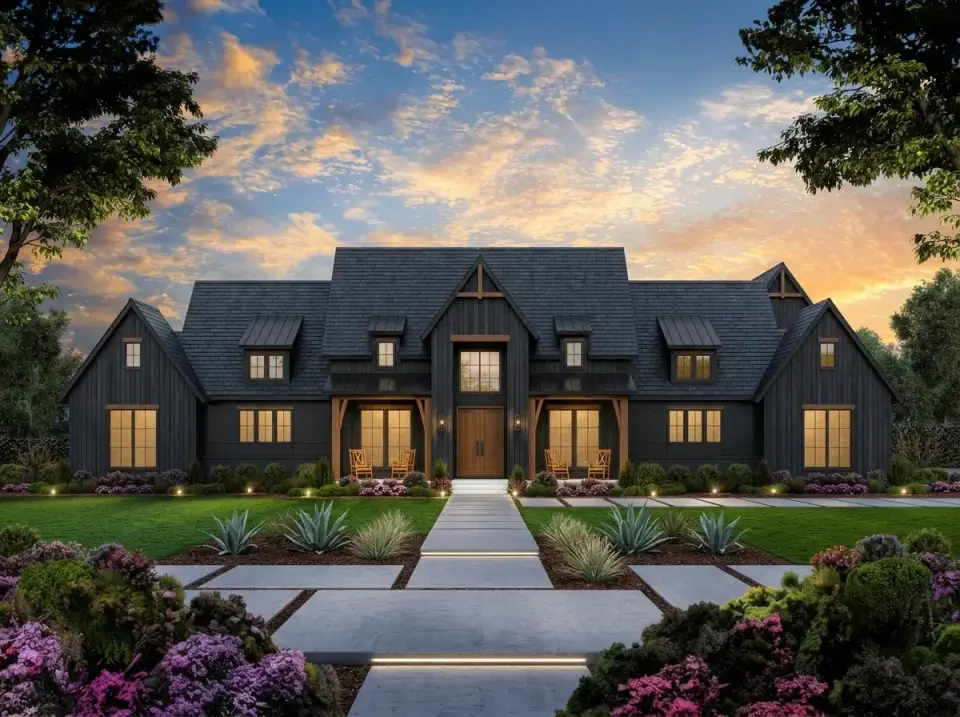 Plan 56547SM facade 5 dramatic dark monochrome charcoal shou sugi ban timber entry