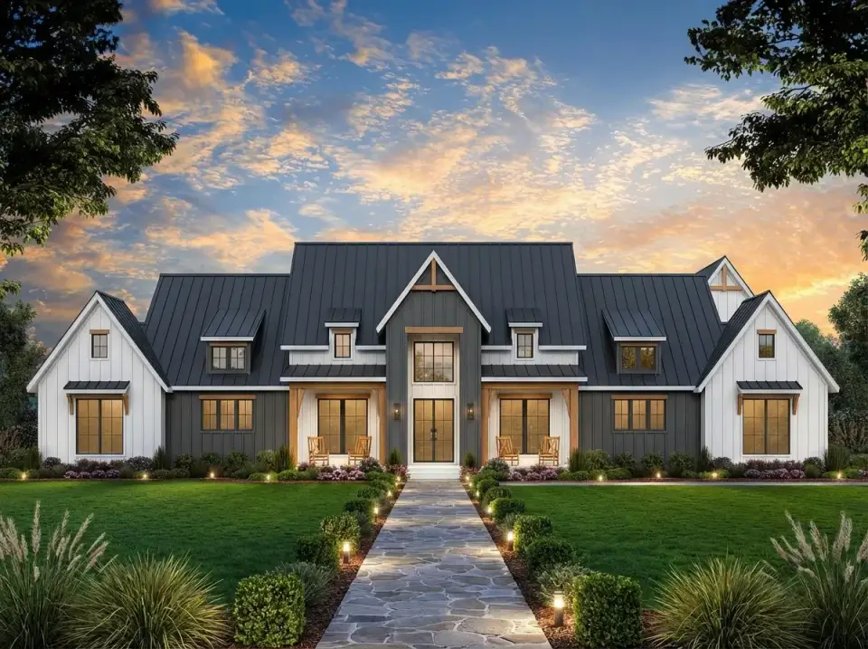 Plan 56547SM facade 6 classic modern farmhouse white board batten dark metal roof boxwood