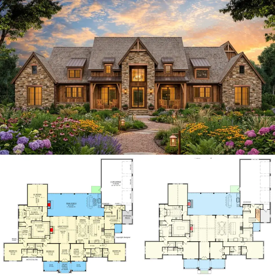 Rustic Luxury: 4-Bed Modern Farmhouse Plan with Stone Exterior.