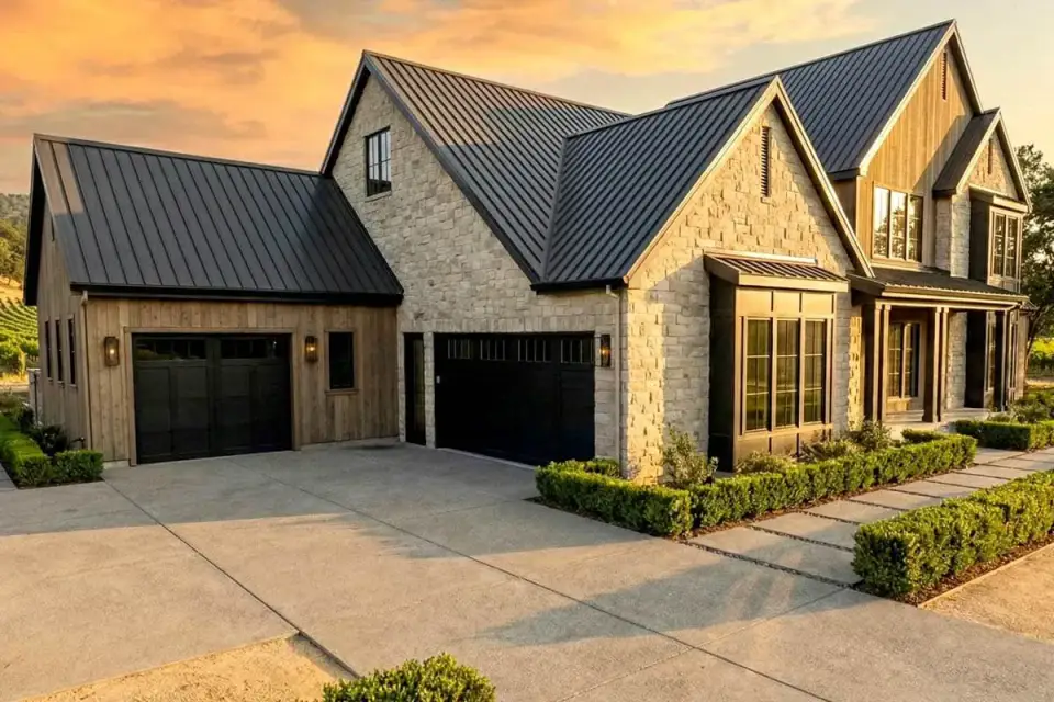 Angled exterior view showing the symmetrical covered front porch with square columns