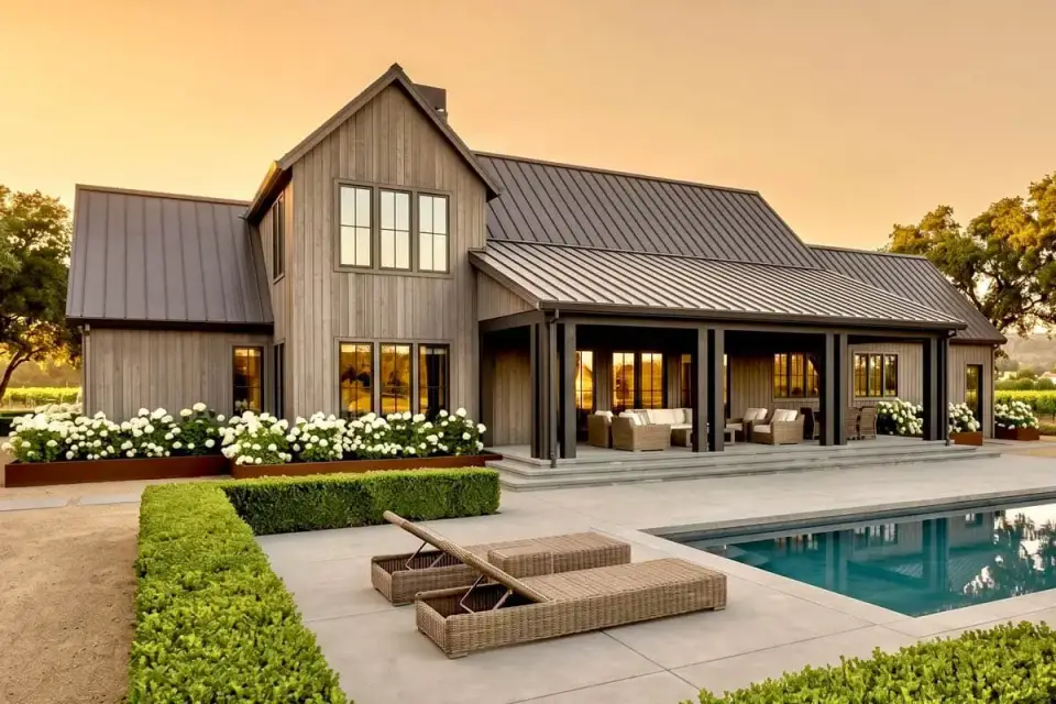 Rear exterior with deep covered patio and extensive glazing for indoor-outdoor connection