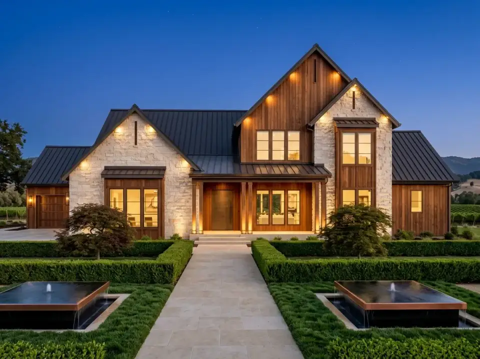 Warm wood and limestone estate facade with uplighting at dusk