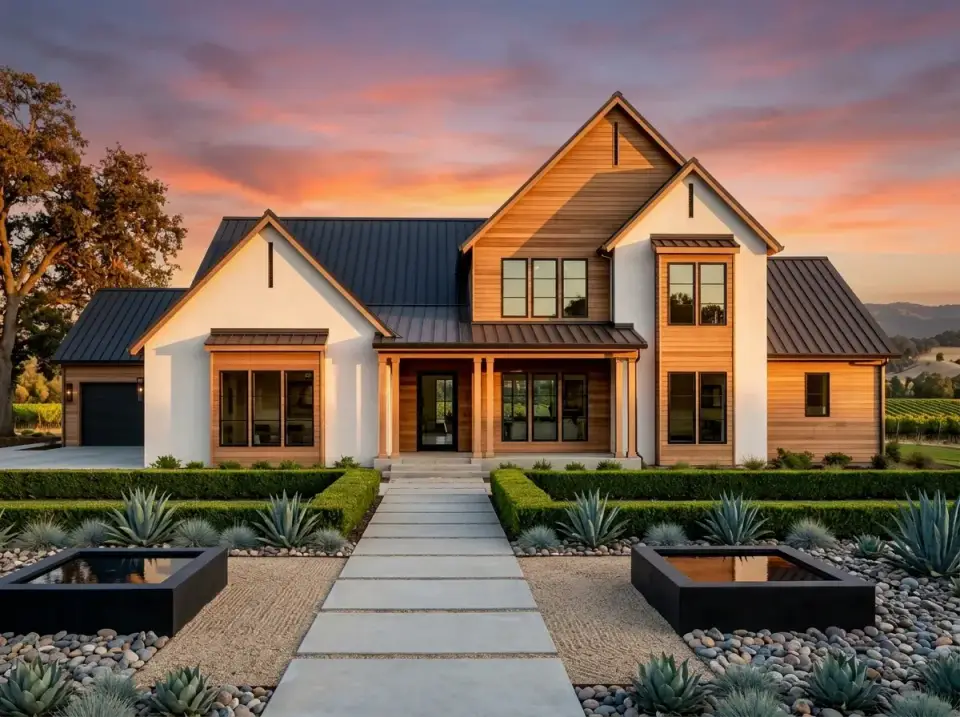 Cedar and white stucco desert-modern facade with drought-tolerant landscaping