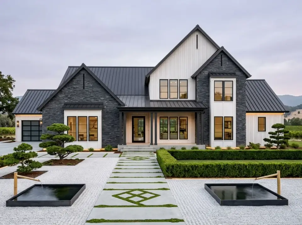 Charcoal stone farmhouse facade with white board-and-batten gables and Japanese-inspired garden