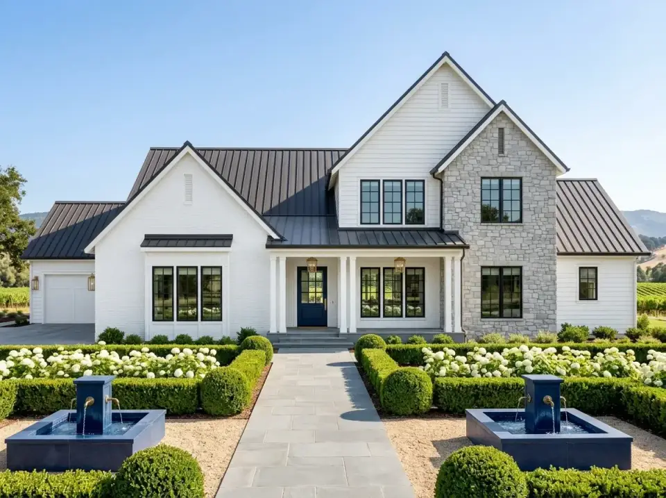 Classic white painted brick and stone facade with formal boxwood landscaping
