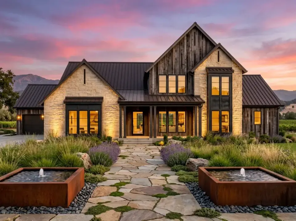 Reclaimed barn wood and natural stone facade with meadow-style landscaping