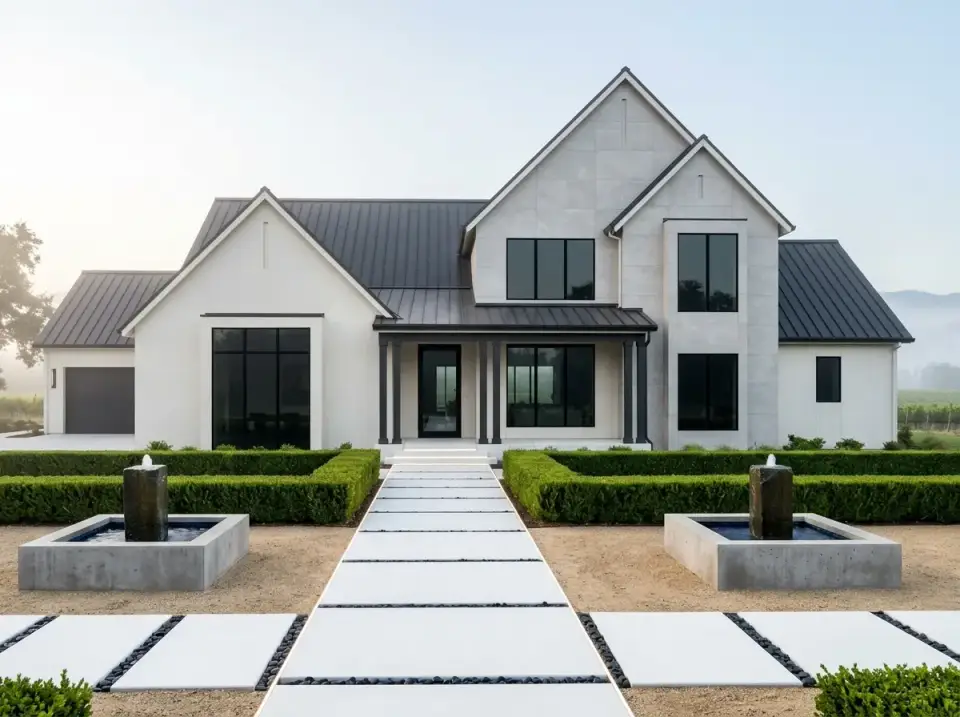 Ultra-minimalist white-panel farmhouse facade with dark glass and geometric landscaping
