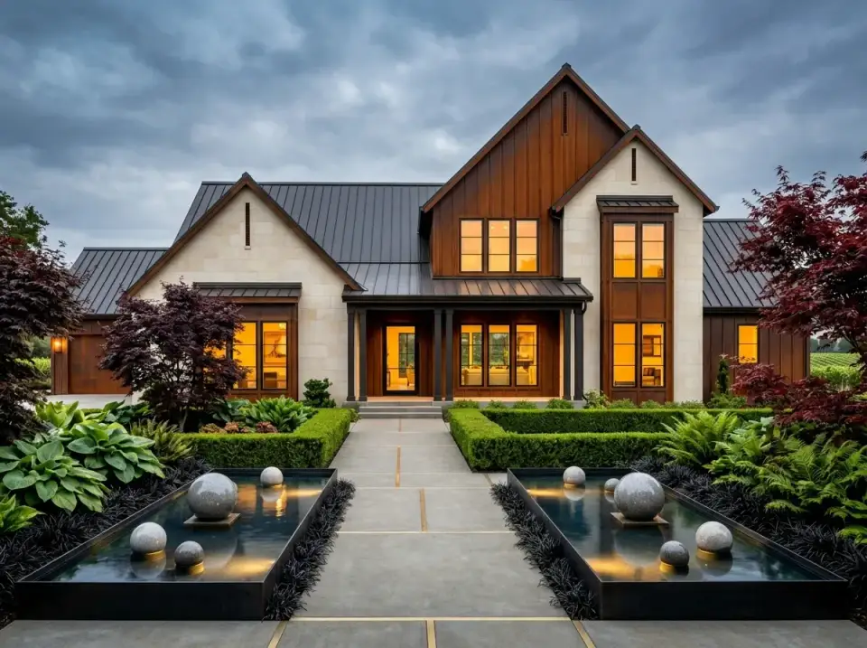 Dark-stained wood and limestone facade with Japanese maples and reflecting pools