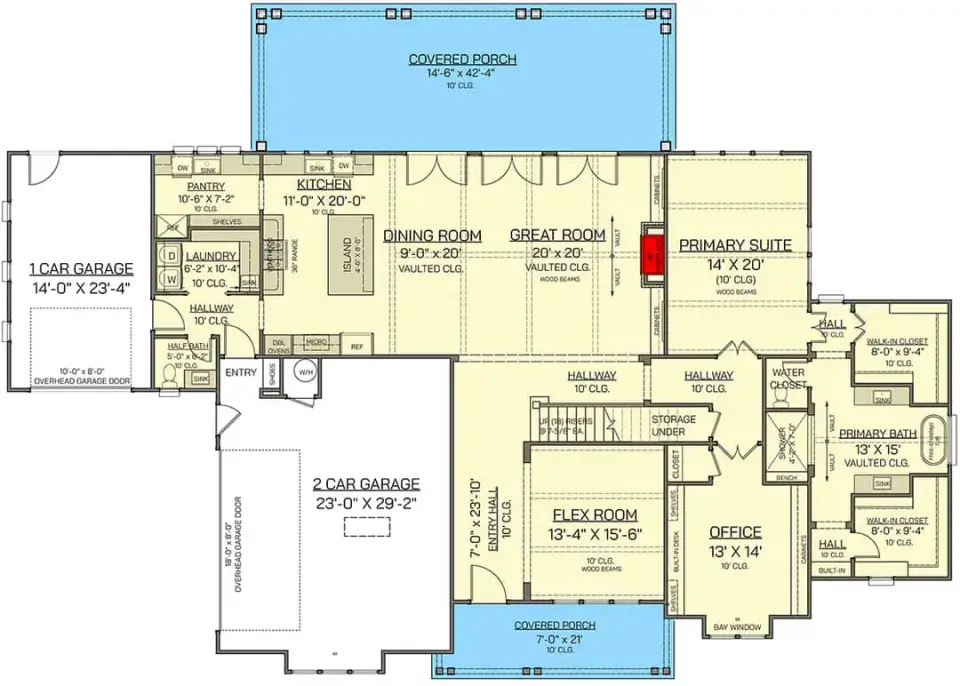 Main-level floor plan of the 4-bedroom transitional farmhouse with main-level primary suite, open great room, and gourmet kitchen