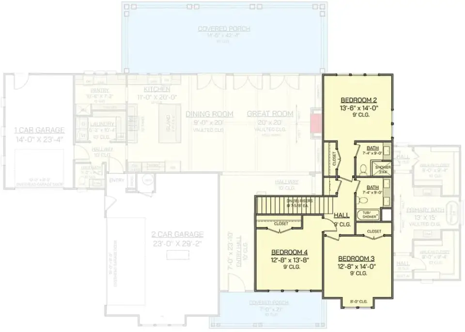 Second-floor plan showing three secondary bedrooms and two full bathrooms above the main level