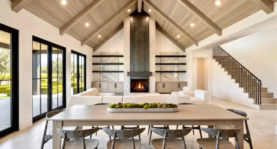 Vaulted great room interior with exposed beams, stone-surround fireplace, and patio access