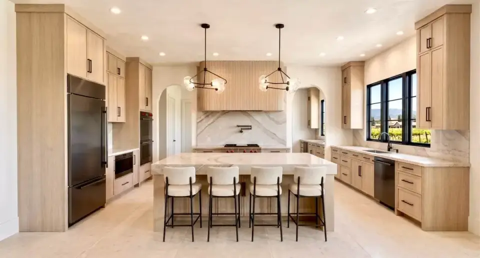 Main-level home office with floor-to-ceiling built-in shelving and French doors