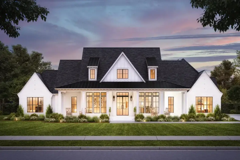 Front elevation of Plan 56521SM modern farmhouse showing symmetrical gable rooflines, deep covered front porch, central entry gable, decorative dormers, James Hardie board-and-batten siding, and standing seam metal roof accents