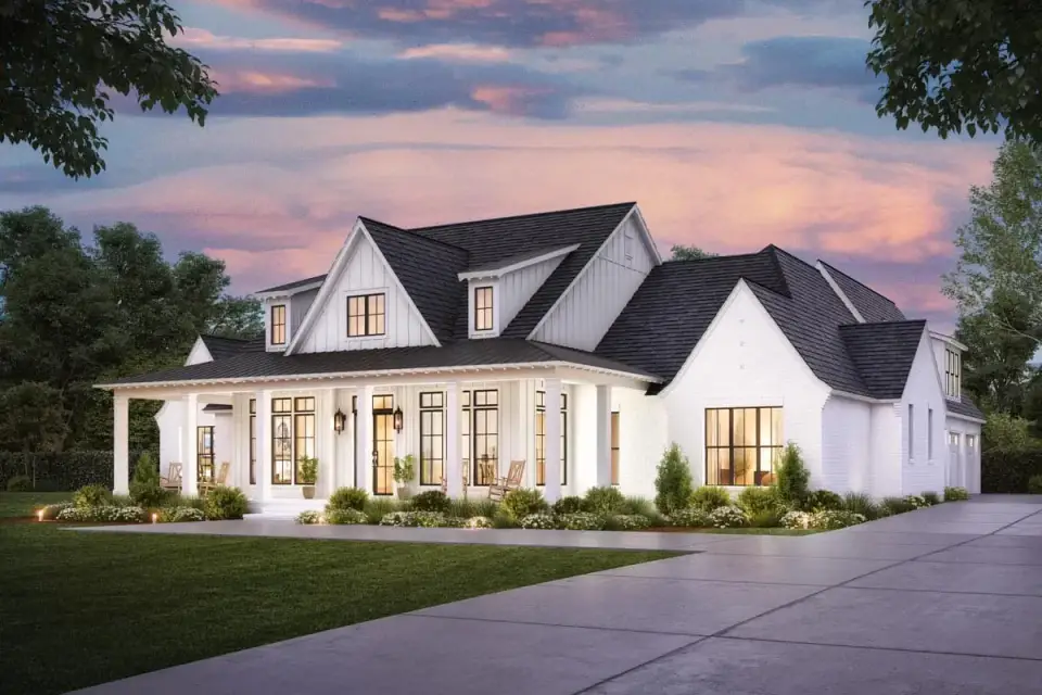 Three-quarter exterior view of Plan 56521SM showing the angled three-car side-load garage configuration, board-and-batten siding accents, and stone wainscot detailing on the front porch piers