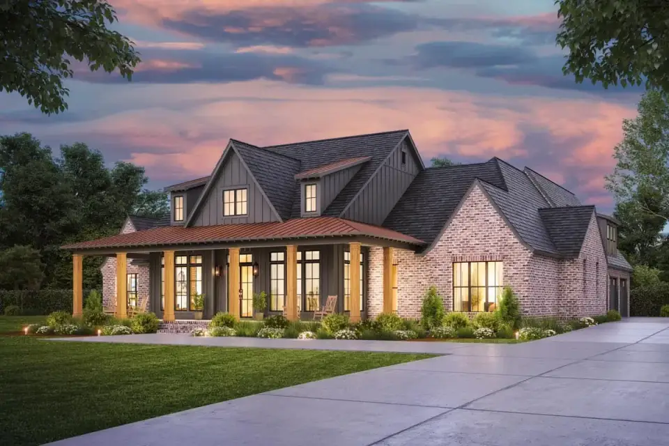 Rear elevation view of Plan 56521SM showing the expansive covered rear porch with zoned outdoor kitchen and outdoor living room, French doors leading to vaulted great room, and standing seam metal porch roof