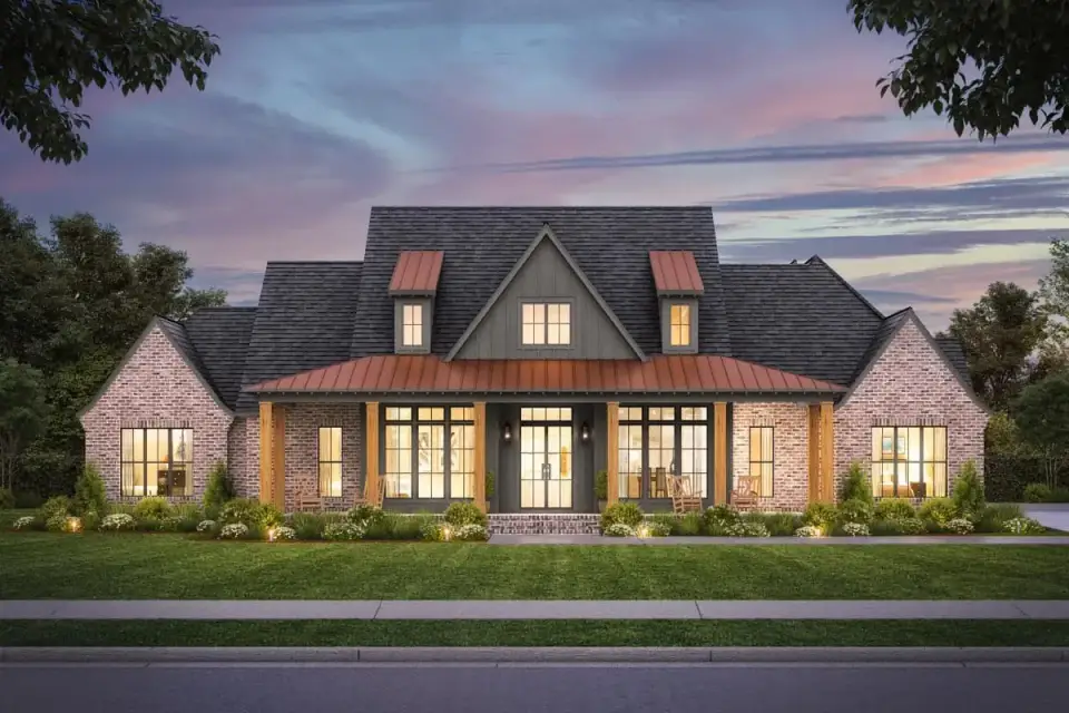 Detail view of front porch column and roof intersection on Plan 56521SM showing tapered timber column, metal roof flashing, and gable bracket detail
