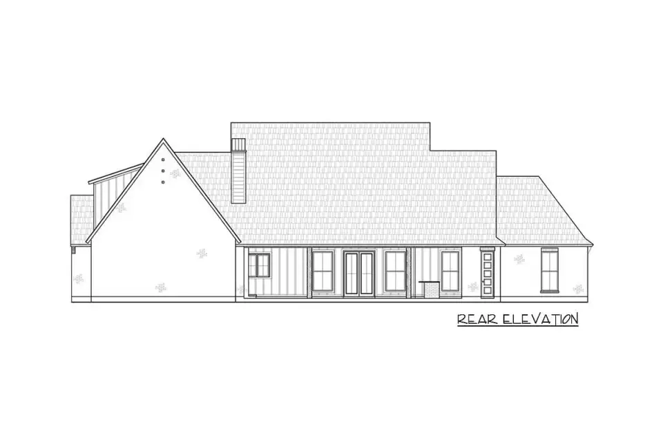 Outdoor living room rendering for Plan 56521SM showing covered porch with stone fireplace, wood ceiling, hanging Schoolhouse Electric pendant, and built-in bar seating overlooking the rear yard
