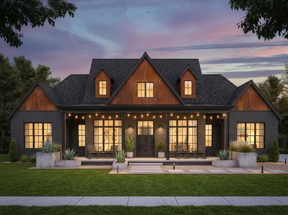 Industrial Modern Farmhouse facade variation for Plan 56521SM with Benjamin Moore Iron Mountain dark grey siding, Corten weathering steel gable panels, black framed Marvin windows, and minimalist drought-tolerant landscape with agave and ornamental grasses