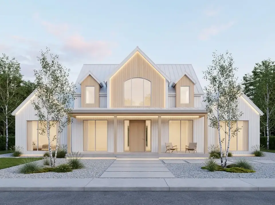 Scandinavian Minimalist facade variation for Plan 56521SM with vertical pale white oak Kebony siding, Benjamin Moore Chantilly Lace OC-65 trim, light grey standing seam metal roof, and birch tree landscape with concrete pavers