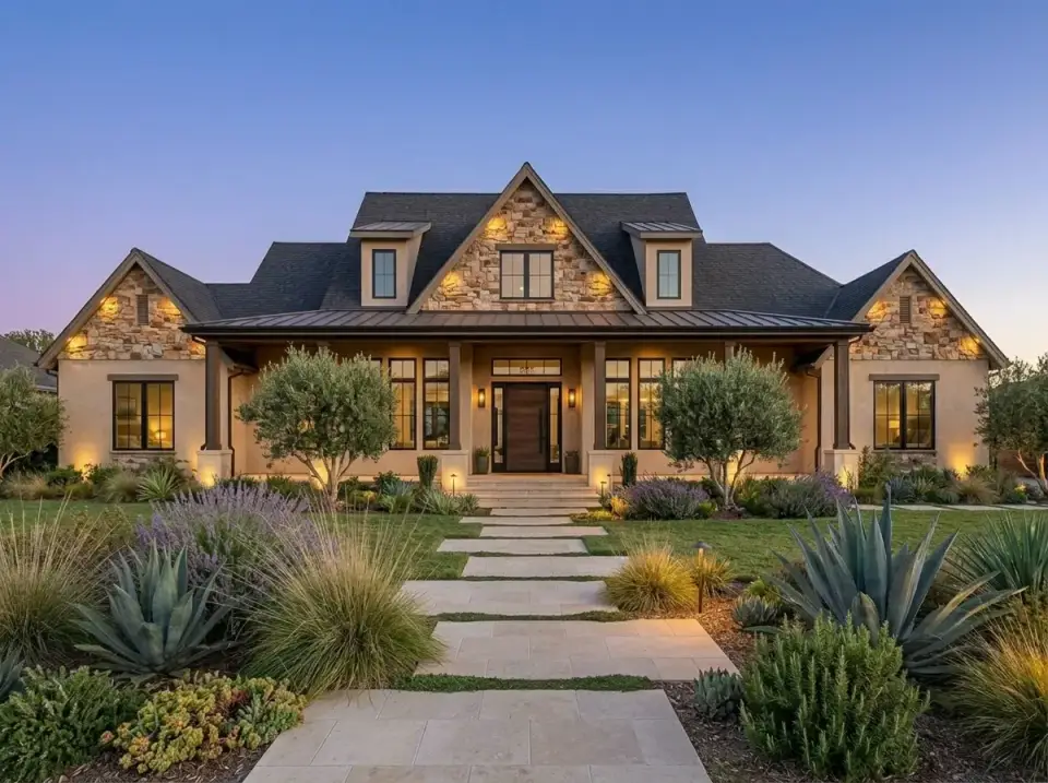 Mediterranean Ranch facade variation for Plan 56521SM with smooth integral-color stucco, warm earthy stone veneer accents at gables and column bases, dark stained wood beams, large pivot entry door, and olive tree landscape with travertine pavers