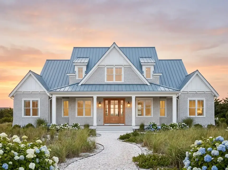 Classic Coastal Cottage facade variation for Plan 56521SM with light grey shaker shingle siding, Benjamin Moore White Dove OC-17 trim, light blue Boral metal standing seam roof, natural cedar door, and hydrangea and dune grass landscaping with crushed shell path