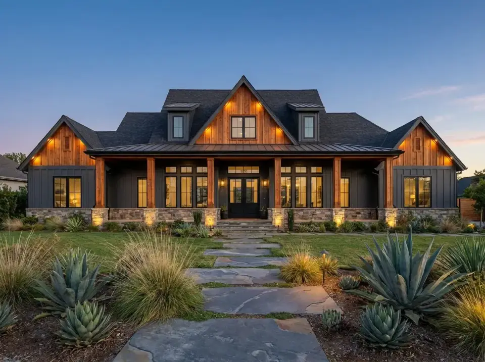 Rustic Modern Mix facade variation for Plan 56521SM combining Benjamin Moore Wrought Iron board-and-batten siding with warm cedar gable cladding, Eldorado Stone veneer base, Matte Black metal roof, and architectural agave landscape with slate flagstone