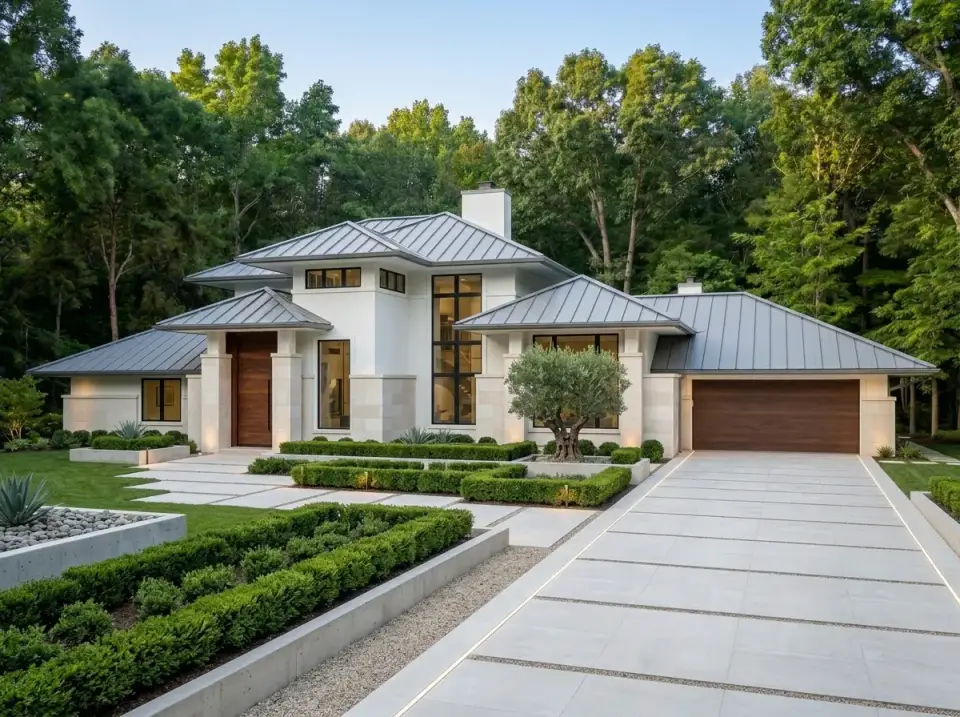 Minimalist white stucco facade with light grey metal roof, warm wood entry door, and olive tree planter