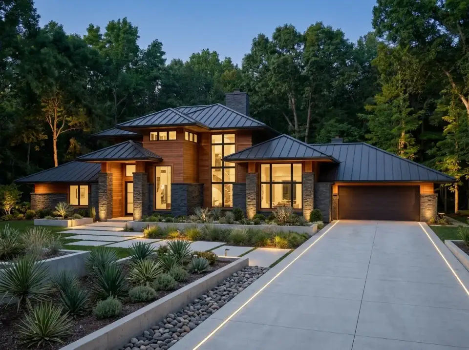Rustic mountain modern facade with dark horizontal wood siding, rugged dark stone veneer, Corten steel planters, and drought-tolerant landscape