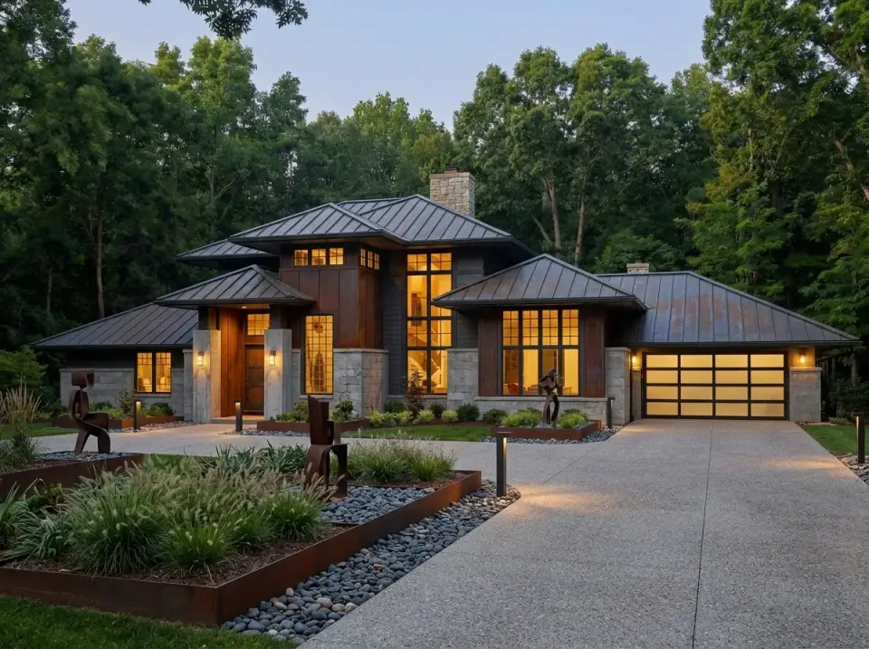 Industrial modern facade with weathered Corten steel panels, stone veneer accents, and sculptural landscape