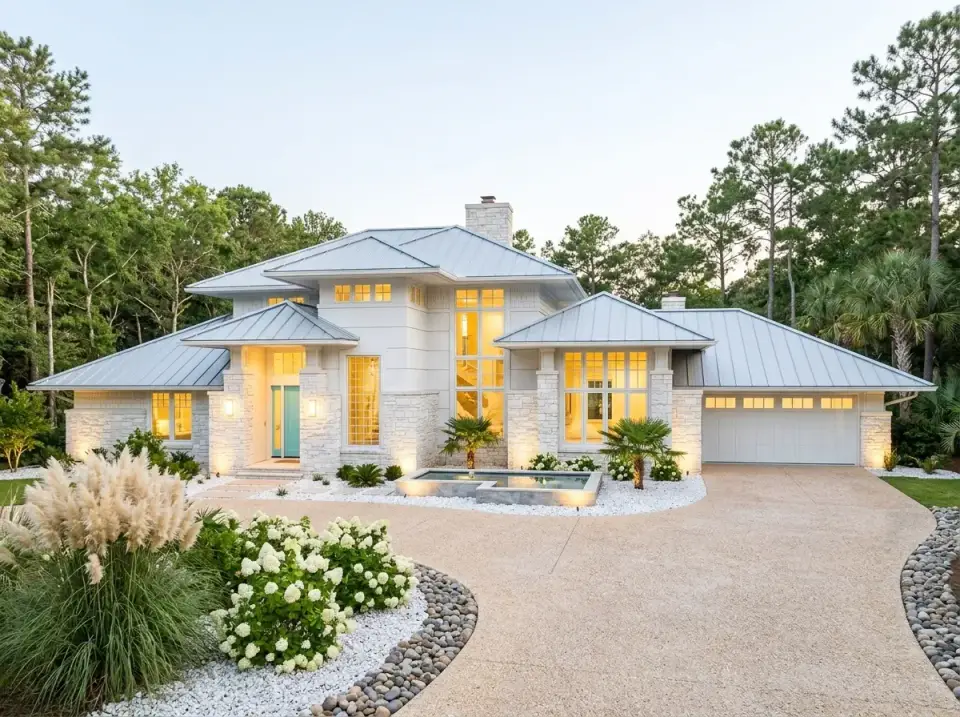 Coastal contemporary facade with white siding, light stone veneer, turquoise door, tropical landscaping, and crushed shell driveway