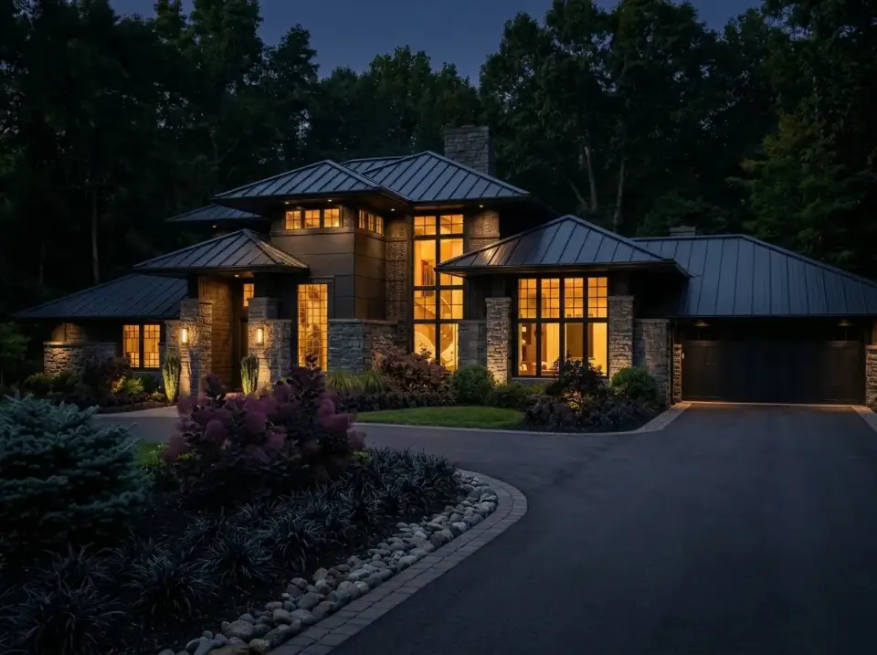 Urban moody facade with charcoal siding, dark stone veneer, black metal roof, and warm interior lighting