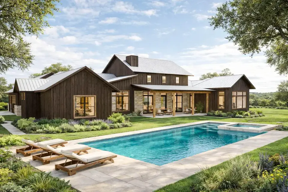 Rear elevation showing massive covered patio, vaulted great-room gable, and large window groupings