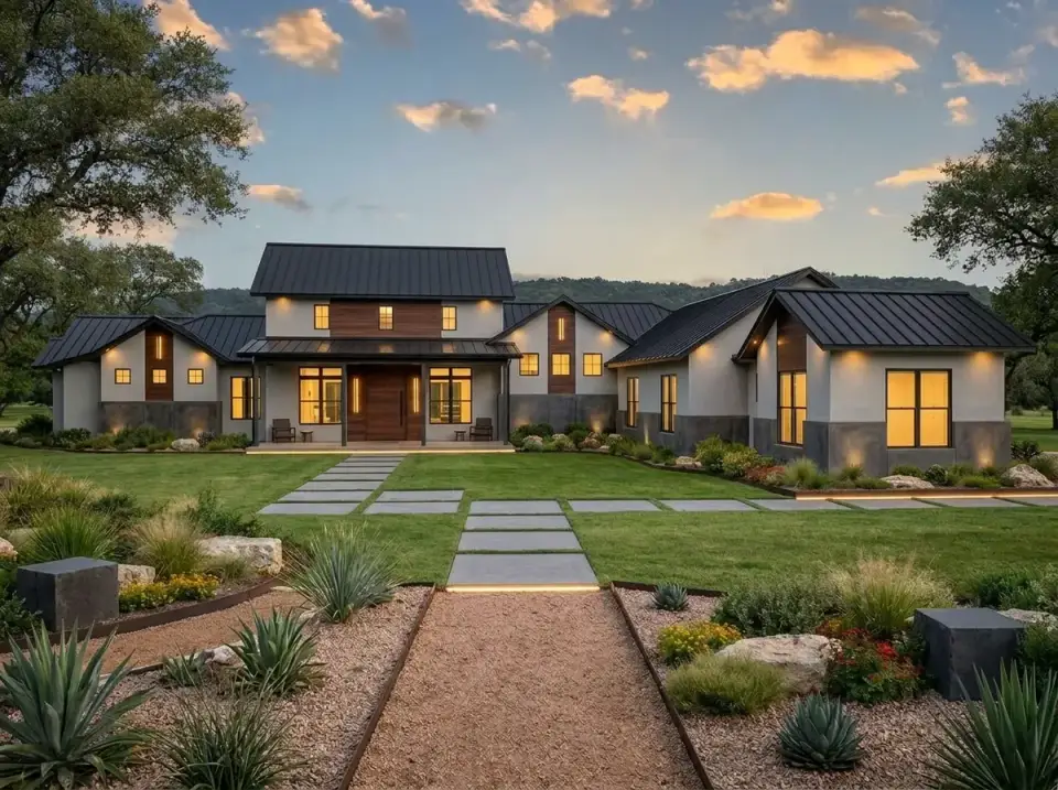 Contemporary industrial facade with smooth gray stucco and rich wood accent panels, dark metal roof, and geometric concrete paver path with LED strip lighting