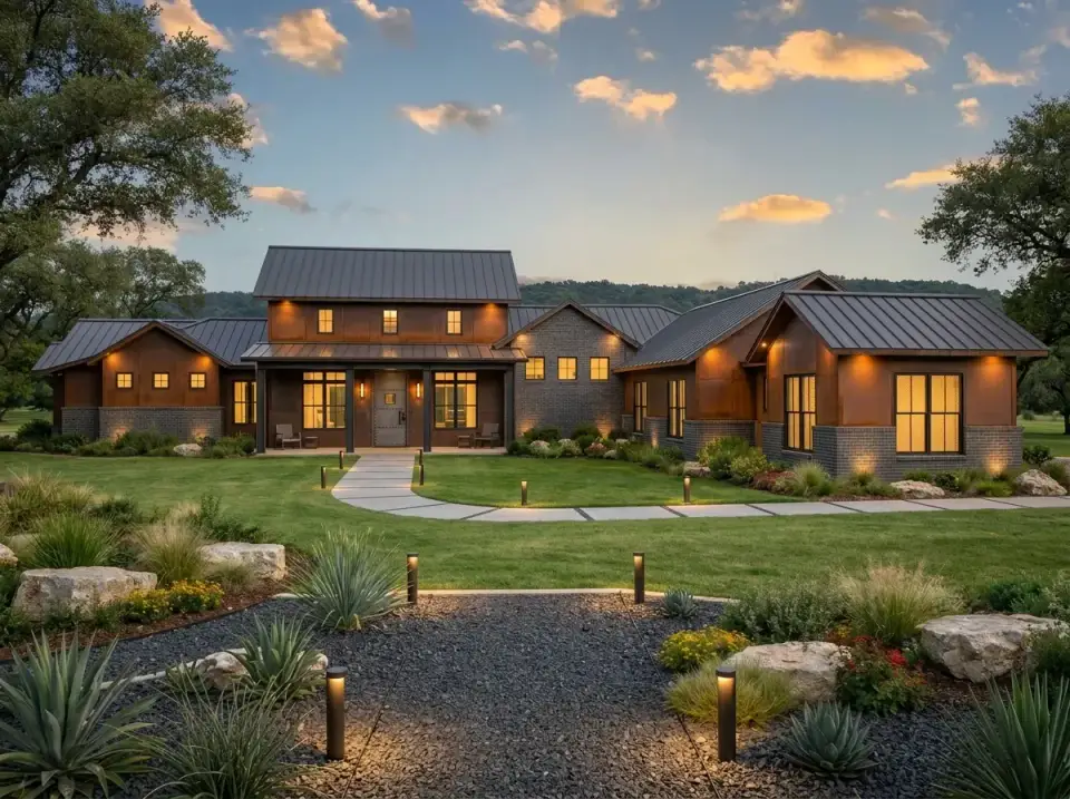 Dark rustic industrial facade with weathered steel-toned siding, dark gray brick, and naturalistic arid landscape with agaves and boulders