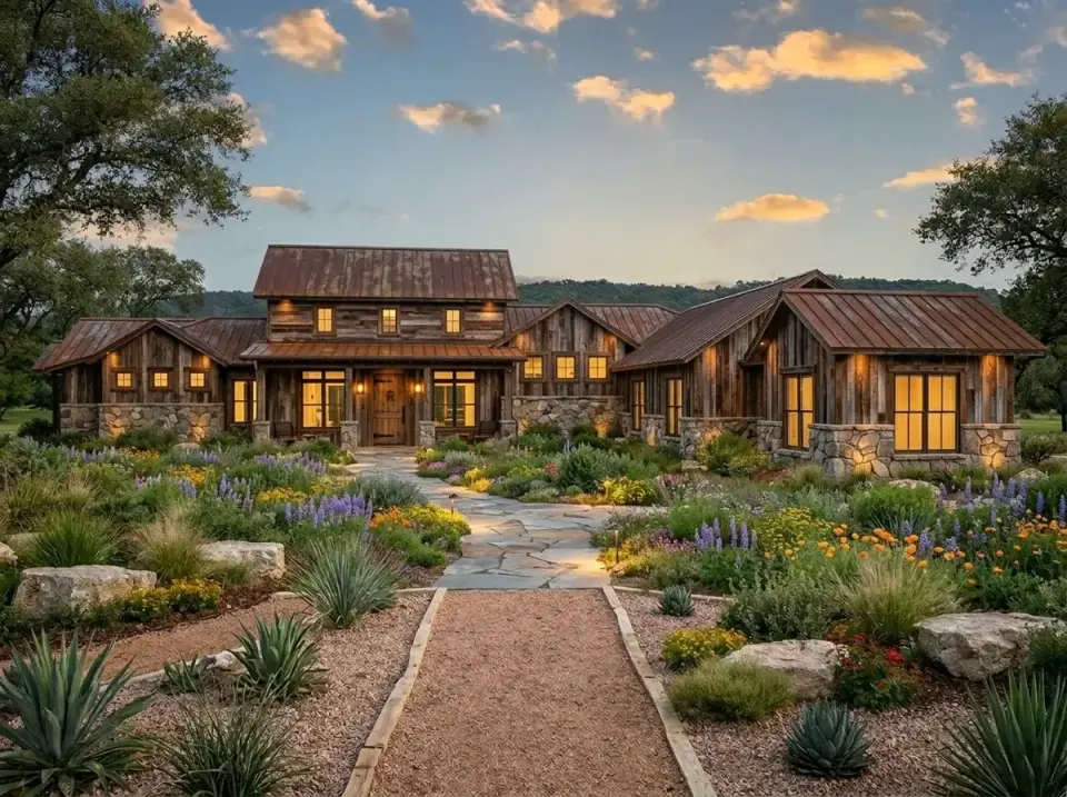 Rustic timber and stone facade with weathered vertical timber siding, large-format fieldstone base, and rusted-patina metal roof