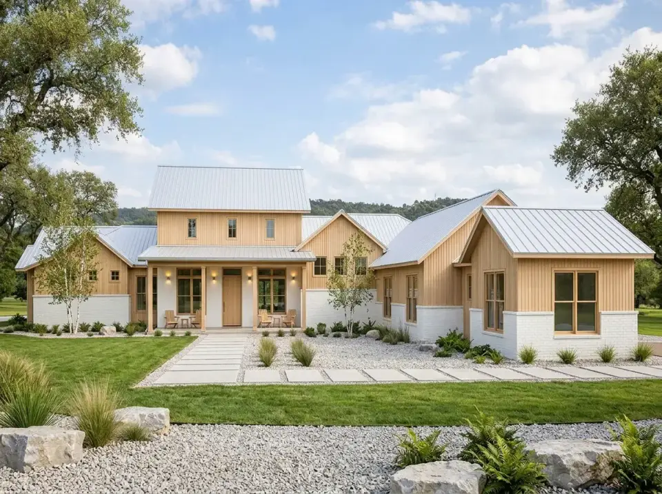 Scandinavian modern farmhouse facade with light-toned vertical wood siding, white limewashed brick, and minimalist landscape with birch trees and ferns